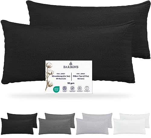 Barbons Kissenbezug 40 x 80 2er Set – 165 g/m² Oeko-TEX Zertifiziert Kopfkissenbezug 100% Jersey Baumwolle weiche Kissenbezüge Kissenhülle mit Reißverschluss (40x80-Schwarz)