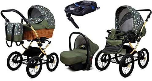 BabyLux Kinderwagen 4in1 mit Autositz für Kleinkinder – Kinderwagen für Neugeborene und Kleinkinder –– Baby Neugeborenen Kinderwagen – ISOFIX Autositzbasis – Max 15kg – Olive Star Gold Frame