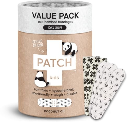PATCH 100 Pieces, Coconut Oil, Value Pack, Kids Panda Eco-Friendly Bamboo Adhesive Bandages for Scratches & Grazes, Hypoallergenic Wound Care for Sensitive Skin, Biodegradable, Latex & Plastic Free