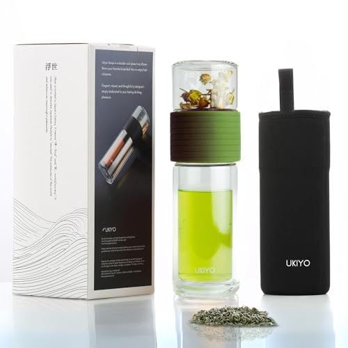 Ukiyo Sense Premium Double-Wall Glass Tea & Fruit Infuser Bottle - Travel Tumbler with Stainless Steel Filter and Neoprene Sleeve