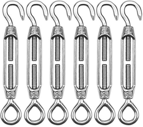6 Pcs Turnbuckle Wire Tensioner, M4 Hook & Hook/C to C Turnbuckle 304 Stainless Steel Cable Tightener, M4 Adjustable Turnbuckle Hook and Eye, Wire Rope Tension Heavy Duty Hardware