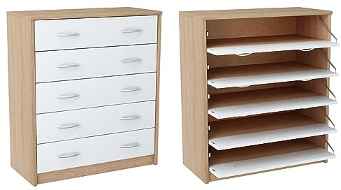 Meble Bestseller Schuhschrank, Kommode K022 mit 5 Türen (Breite 74 cm, Höhe 85 cm, Tiefe 35 cm) in Sonoma Eiche mit weißen