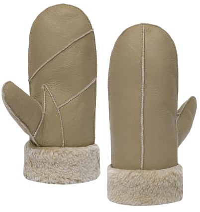 MGGMOKAY Damen Lammfell Shearling Fäustlinge Warme Winter Lederhandschuhe,Beige,M