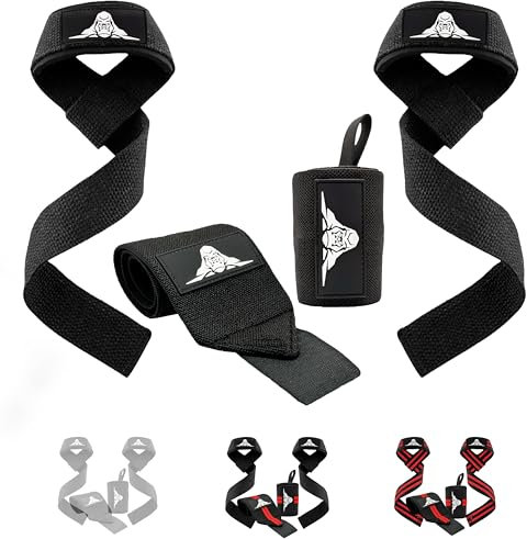 Bosmik Zughilfen Krafttraining und Handgelenk Bandagen - Gepolsterte Lifting Straps Gym & Wrist Wrap Equipment für Fitness Bodybuilding Kreuzheben Crossfit - Gym Zubehör Männer Frauen (Schwarz)