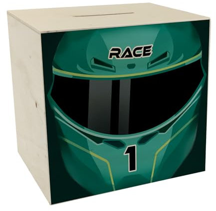 Motorsport-Helm Spardose aus Holz in Racing Green Spardose aus Holz Motorsport Rennwagen Helm Motorrad Sparschwein Racing Sparbüchse Rennsport Kinder Auto Sportwagen Biker