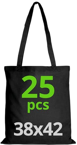 Baumwolltasche 38x42 cm, Packung mit unbedruckten Taschen, lange Träger, widerstandsfähige Stofftaschen, wiederverwendbare Einkaufstasche zum Bedrucken oder Bemalen, 38x42cm, Schwarz, 25 Stück