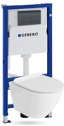 Lavita Duofix Basic Vorwandelement + Wand Tiefspül WC Sofi Slim Weiß Spülrandlos + WC Sitz + Bedienplatte Delta 25 Schwarzer Knopf Komplettset Unterputz Spülkasten Toilette Komplett Sett WC