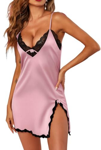 Ekouaer Nuisette Sexy Femme Bretelles Réglables Robe de Chambre Lingerie Rose XL