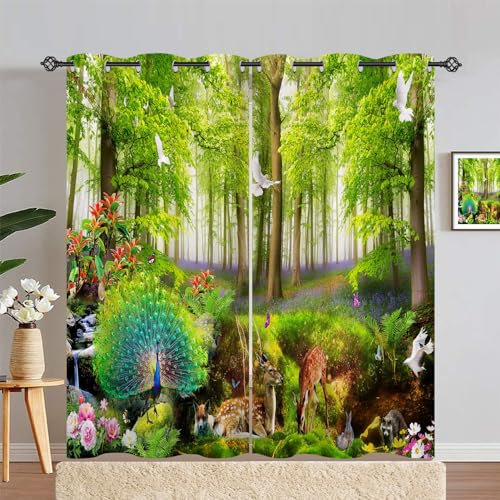 ANHOPE Natur Wald Tier Pfau Hirsch Vorhänge mit Ösen Blickdichte Gardinen Thermo Vorhang Blackout Curtain Schlafzimmer Wohnzimmer Weich Verdunklungsvorhänge 2er Set H 214 x B 140 cm