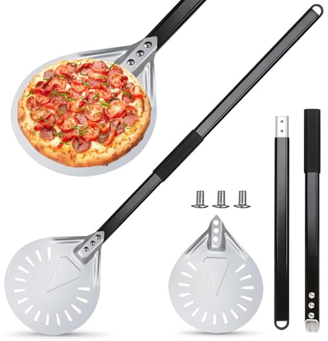 Pelle à Pizza Perforée, 8 Pouces Pelle Pizza, Pelle à Pizza en Aluminium Anodisé Dur, Pelle à Pizza avec Manche Métallique Amovible de 80 cm, Idéale pour le Four à Pizza