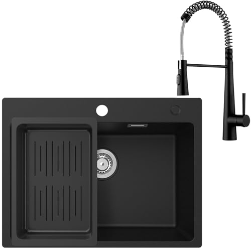CECIPA Evier Cuisine 1 Bac 60 x 45 cm avec Mitigeur à Ressort, Evier Noir en Granit avec Panie de Vidange, Lavabo Cuisine pour Meubles Bas de 60 cm, avec Siphon Classique et Trop-plein