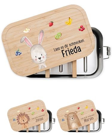 wunderwunsch® - Personalisierte Brotdose für Kinder - Robuste und Individuelle Edelstahl Brotdose mit Namen - Personalisierte Geschenke für Kinder (klein Edelstahl,Hase mit Obst)