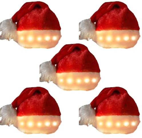 Montesy Weihnachtsmütze mit bunten und warmen LED-Lichtern, 5 Stück pro Packung