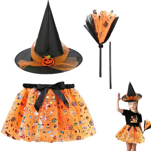 Disfraces de Bruja, 3PCS con Sombrero, Traje de Falda Tutu y Escoba para Cosplay, Fiesta y Carnaval