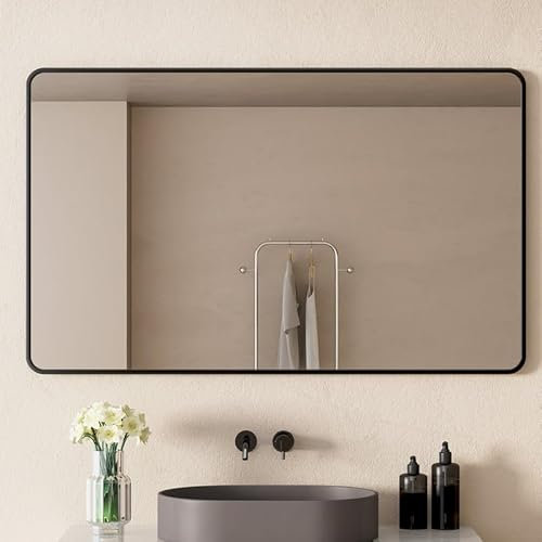 WDWRITTI Wandspiegel Schwarz Spiegel 60×100cm, Dekorative Wandspiegel mit Schwarz Metallrahmen, Moderner Design 100×60cm Schminkspiegel für Badezimmer Ankleidezimmer, Wohnzimmer