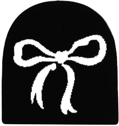 NATOSU Y2K Beanie Mütze Damen Teenager Winter Strick Skater Beanie Mütze Schleife Strickmütze Baumwolle Warme Wintermütze Hip Hop Goth Fashion,Schwarz