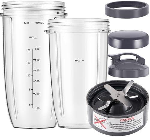 Equust 6-pieces Blender Replacement Parts, 32oz & 24oz Cups Extractor Blade with Stay-fresh Lid To-Go Lid and Lip Ring, Replacement Cups for Nutri Bullet Blenders 600w & Pro 900w