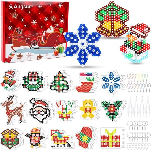 AUGSUN Weihnachten Bügelperlen Set, Weihnachten Bügelperlen Platten 5mm Bügelperlen Vorlagen Weihnachten Bügelperlen Schablonen Set für Kinder