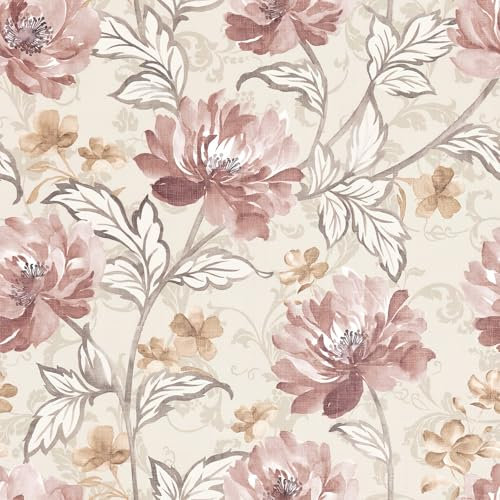 VaryFloral Beige Pink Peel and Stick Wallpaper 30.5cmx300cm Contact Paper Vintage Wall Sticker Elegant Furniture Wrap Vinyl Watercolor Flower Thickened Texture Wallpaper for Living Room Modern