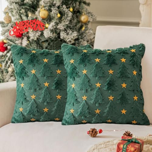 Generisch 2er Set Kissenbezug Weihnachten, Weihnachtsdeko Kissenbezug, Weihnachtskissenbezug Flauschige Kissen Weihnachten Kissenbezüge Winter Kissenhülle Weihnachtsdeko Innen (Grün-Baum, 40x40 cm)