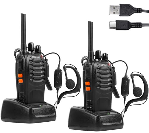 RKK Walkies Talkies PRM446 Profesionales 16 Canales CTCSS DCS, Recargables 1500mAh con Cargador USB, Radiocomunicación con el Auricular Incorporado Antorcha de LED, VHF, Negro