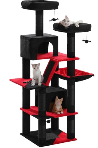 PPETEPELA 180cm Kratzbaum groß, Multi-Level Katzenbaum für große Katzen, mit 6 Sisalsäule, 2 Kratzbrettern, 2 Plattformen, 1 Hängematte, 2 Spielbälle, Plüsch-Stoff, schwarz