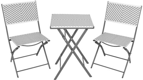 RANSENERS 3tlg-Set Bistroset mit 2 Klappbare Stühlen und Couchtisch - Balkonset mit Metallrahmen und Polyrattan Sitzfläche für Garten Terrasse und Balkon - Milchig
