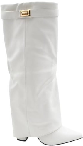Stivali Donna Bianco a Punta al Ginocchio con para Risvolto Modello Shark Tacco Largo 12 cm Cinturino Gancio Argento (39 EU)