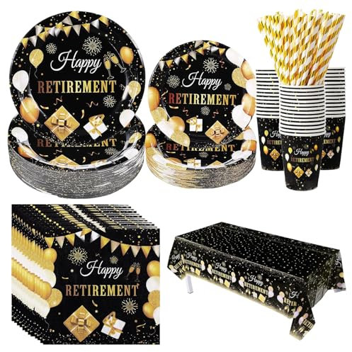 121-Piece Luxury Retirement Party Supplies - Black & Gold Farewell Tableware Set for 24 Guests | Premium Paper Plates, Napkins & Decorations | Elegant Retirement Gifts for Men & Women