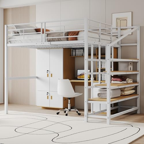 Lcoho Hochbett (140 x 200cm) Stabile Metallkonstruktion mit geräumigem Stauraum unter dem Bett und Treppe Ideal für Kinder und Erwachsene Stauraumbett für maximale Platzeffizienz (White)