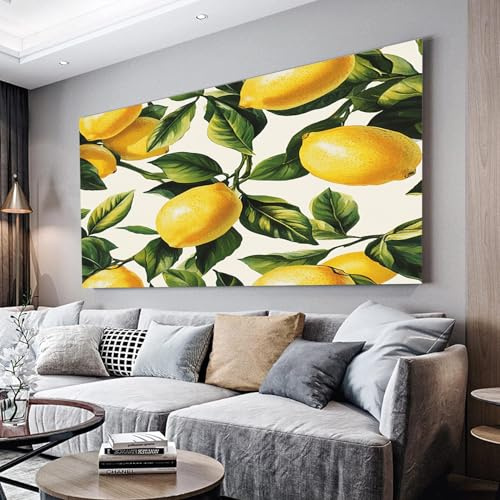 Frucht Zitrone Leinwandbilder Wandbilder für Wohnzimmer und Schlafzimmer | 80x160cm Gelb Kunstdruck auf Leinwand, Handschriftliche Kunst mit Händen, Wanddeko und Dekor Canvas