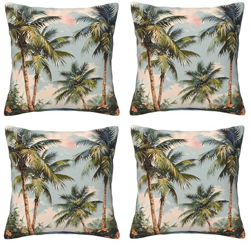 Tropical Palm Trees Printed Cushion Covers 4pcs (30x30 CM) - Decor Pillow Cases for Home - Hidden Zipper Opening