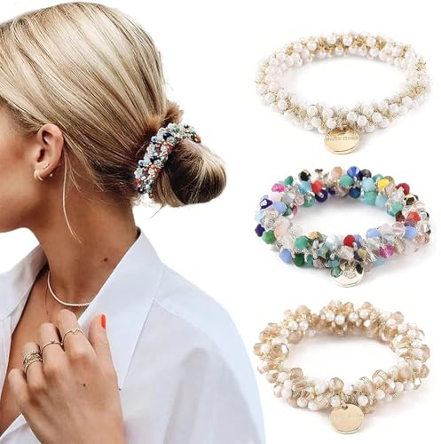 KIRZAX 3 Stücke Haarschmuck Scrunchies Kristall Damen, Haargummis mit Perlen, Pferdeschwanz Haar Accessoire,Scrunchies Perlen Strass,Elastischer Haargummi für Frauen und Damen
