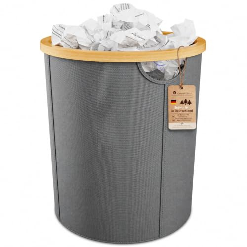 Vireon Corbeille à papier de bureau en bambou - Poubelle de bureau en tissu Oxford - Poubelle à papier ronde - Gris - Pour bureau à domicile, bureau