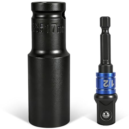 17mm 6‑Point 1/2 Inch Drive Impact Socket Set | 1/4 Hex Shank to 1/2 Drive Adapter, Heavy Duty Chrome Vanadium Steel for Automotive Car Repair