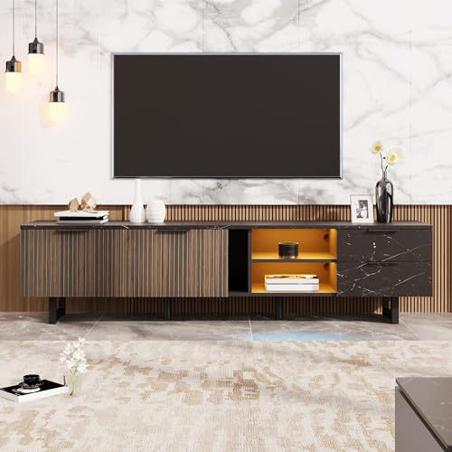 VIIOOIIV TV Stand with LED Light, TV Console Table, Modern Entertainment Cabinet with Drawers, Storage and Shelves for Living Room, Office, Bedroom Wood Grain (200 * 38 * 50 cm)