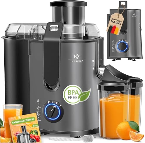 KESSER® Centrifuga estrattore di succo per frutta | verdura in acciaio inox 1100W, grande tubo di alimentazione, 3 livelli, spremiagrumi elettrico centrifugo + spazzola, contenitore per succo