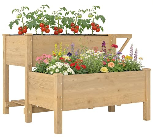 Outsunny Letto per Orto Rialzato Abete 119.5x102x76.5cm Marrone Chiaro | 2 Livelli, Ripiani Laterale e Inferiore, Fodera, Fori di Drenaggio, Fioriera Rialzata da Esterno, per Fiori Verdure