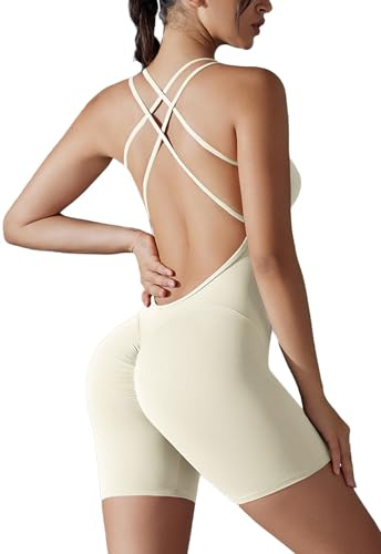 FEOYA Damen Rückenfreie Sport Jumpsuit Spaghetti Strap kurz Eng Bodysuit Yoga Ärmellose Romper Workout Playsuit Scrunch Butt Padded Overall