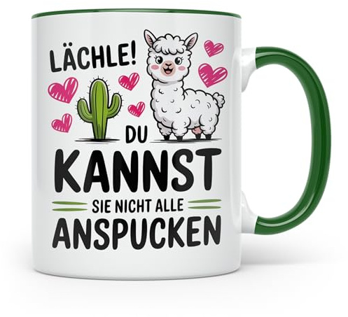 Lama Tasse - Lächle, du kannst sie nicht alle anspucken! Alpaka Humor Geschenkidee - Lustige Sprüche Kaffeetasse für Lama Liebhaber! (Grün)