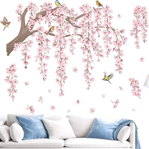 Large Pink Cherry Blossom Tree Branch Bird Wall Stickers, Peel and Stick Removable Floral Wall Decals, DIY Wall Art for TV Background Bedroom Living Room Girls Nursery Home Decor