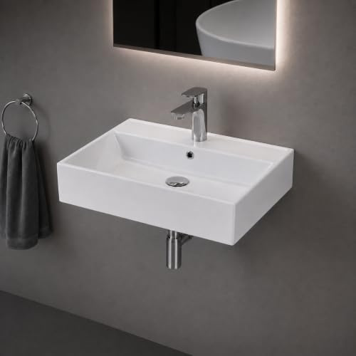 Aqua Bagno Lavabo carré en céramique de 60 cm, à suspendre ou à poser avec trou de robinet, profondeur de 42 cm, montage mural, WC d'invités, blanc