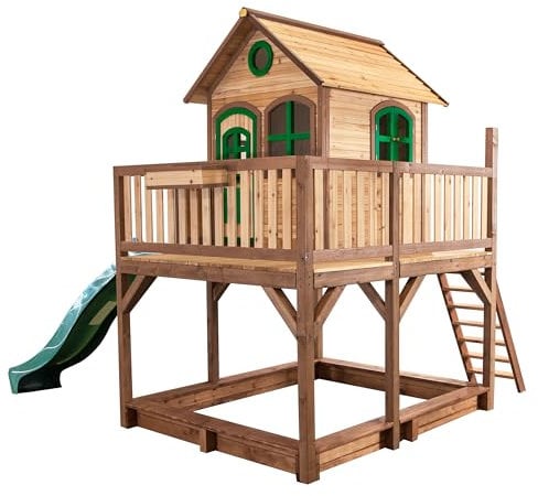 AXI Spielhaus Liam mit Sandkasten & grüner Rutsche | Stelzenhaus XXL in Braun & Grün aus FSC Holz für Kinder | Spielturm mit Wellenrutsche für den Garten