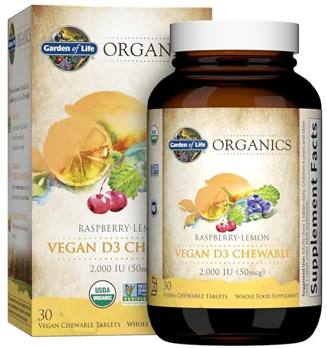 Garden of Life Organics Vegan Vitamin D3 Chewable - Raspberry Lemon, 2,000 IU (50mcg) Whole Food Vitamin D3 from Lichen Plus Food & Mushroom Blend, Gluten Free, 30 Chewable Tablets