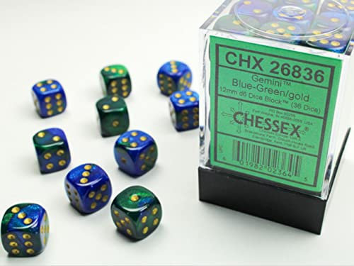 Chessex Dice d6 Sets: Gemini Blue & Green with Gold - 12mm Six Sided Die (36) Block of Dice by Chessex