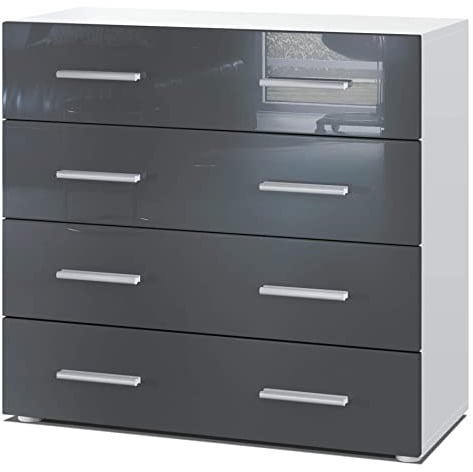 Vladon Buffet Pavos, Commode avec 4 tiroirs, Blanc Mat/Gris Haute Brillance (76 x 72 x 35 cm)