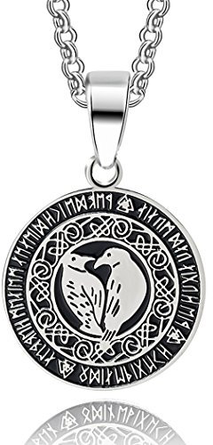 Hugin und Munin im Runenkreis Anhänger mit Kette in Silber | Edelstahl Kettenanhänger Lebensbaum Wikinger-Schmuck