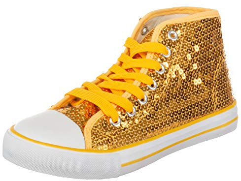 Brandsseller Damen Sneaker mit Pailletten und Glitzer - halbhoch mit Schnürsenkeln modisch bequem für Alltag & Party – Gelb