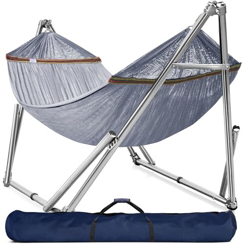 Tranquillo Double Hammock with Stand 550lb Capacity Double Hammock with Spreader Bar/Sturdy Flexible Hammock Stand Portable, Outdoor Indoor, Grey