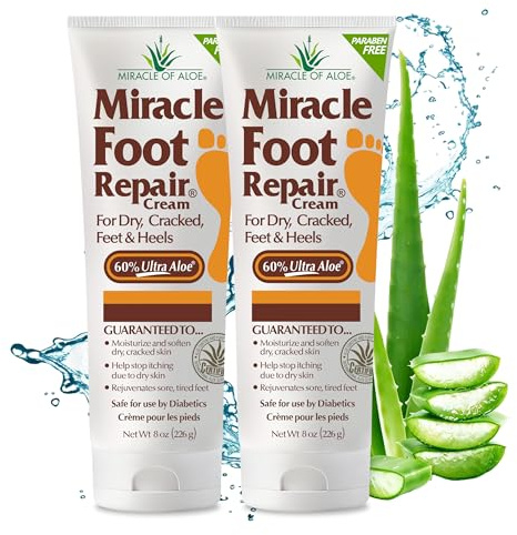Miracle Foot Repair Cream (8 oz / 2-Pack) Repairs Dry Cracked Heels and Feet, 60% Pure UltraAloe Moisturizes, Softens, and Repairs